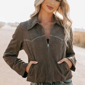 GORGEOUS Faux Suede Zip Up Jacket Beautiful embroidery on back. Never Worn.